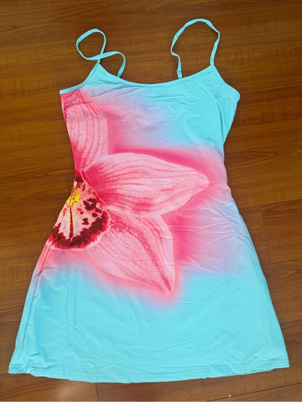 White Fox Boutique Blue and Pink Hibiscus Bodycon Mini dress - Picture 3 of 6